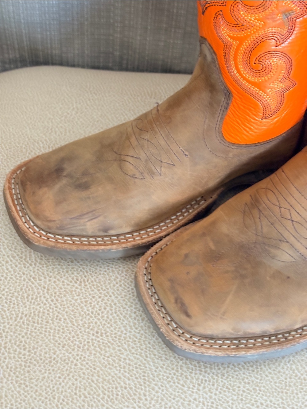 Old West Kids Orange and Brown Six-Row Stitch Western Boots - Picture 3 of 12